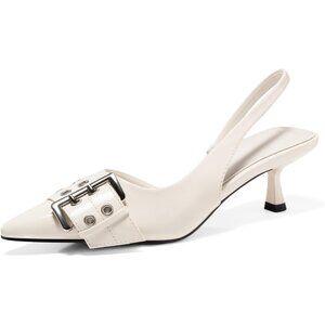 Women's Beige Slingback Kitten Low Heel Closed Pointed Toe Pumps D’Orsay Buckle